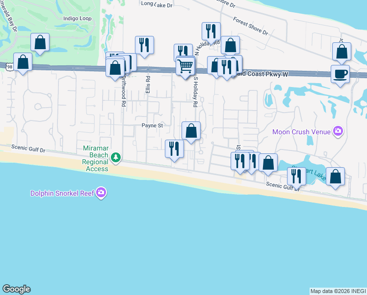 map of restaurants, bars, coffee shops, grocery stores, and more near 64 Cross Creek Road in Destin
