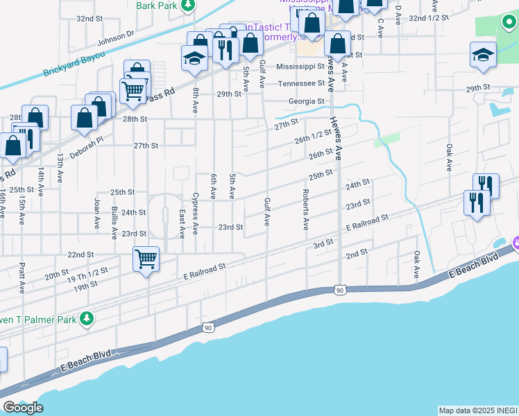 map of restaurants, bars, coffee shops, grocery stores, and more near 808 24th Street in Gulfport
