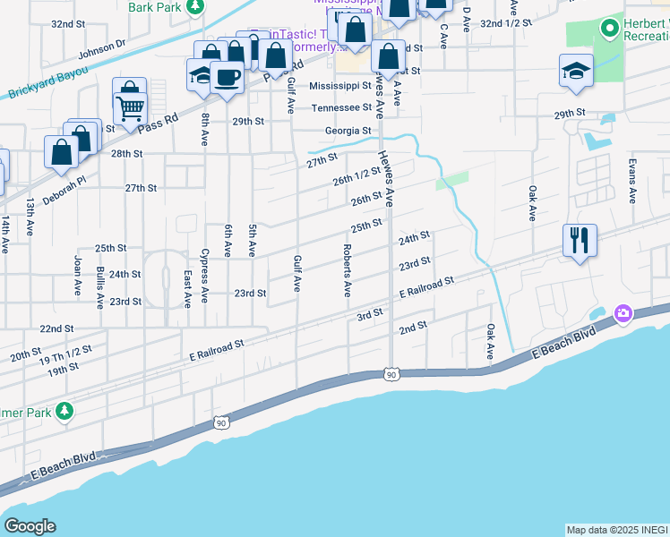 map of restaurants, bars, coffee shops, grocery stores, and more near 2317 Roberts Avenue in Gulfport