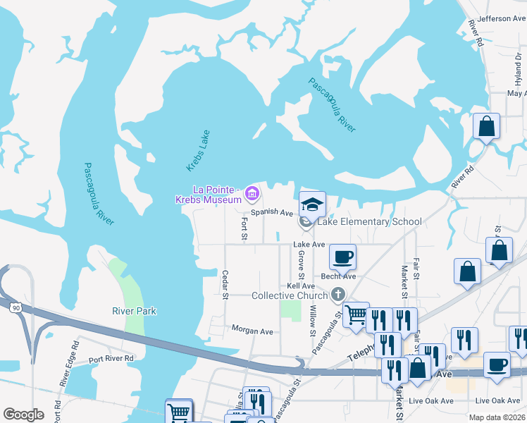 map of restaurants, bars, coffee shops, grocery stores, and more near 4601 Hickory Street in Pascagoula