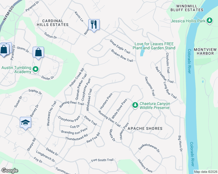 map of restaurants, bars, coffee shops, grocery stores, and more near 2640 Crazyhorse Pass in Austin