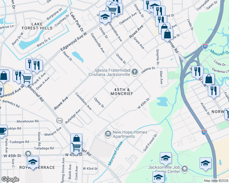 map of restaurants, bars, coffee shops, grocery stores, and more near 5731 Katz Avenue in Jacksonville