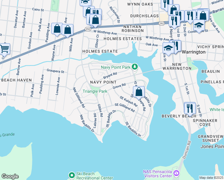 map of restaurants, bars, coffee shops, grocery stores, and more near 101 Southeast Kalash Road in Pensacola