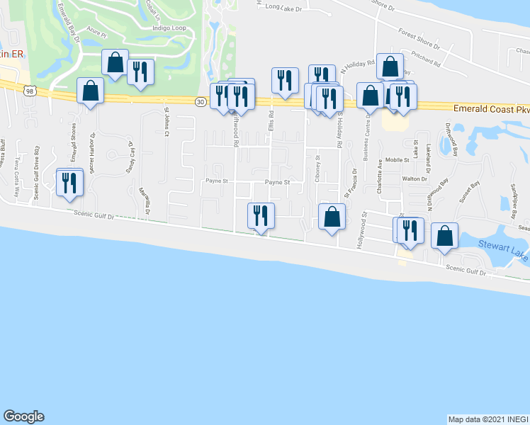 map of restaurants, bars, coffee shops, grocery stores, and more near 101 Ellis Road in Destin