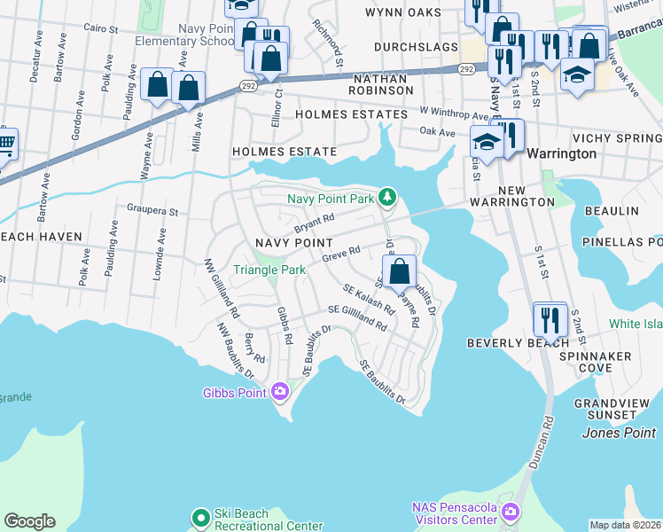 map of restaurants, bars, coffee shops, grocery stores, and more near 101 Southeast Kalash Road in Pensacola