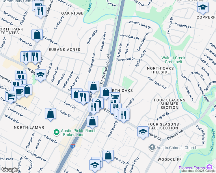map of restaurants, bars, coffee shops, grocery stores, and more near 11441 North Interstate 35 Frontage Road in Austin