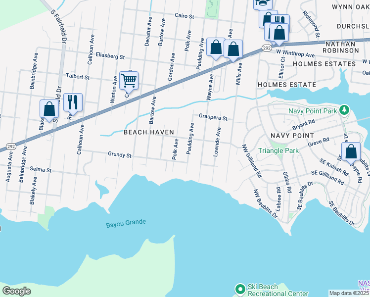 map of restaurants, bars, coffee shops, grocery stores, and more near 509 Paulding Avenue in Pensacola