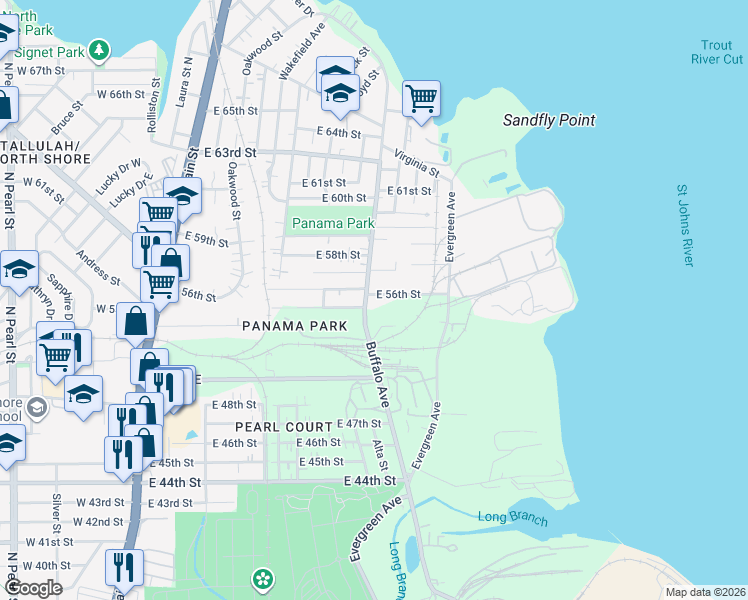 map of restaurants, bars, coffee shops, grocery stores, and more near 740 East 56th Street in Jacksonville