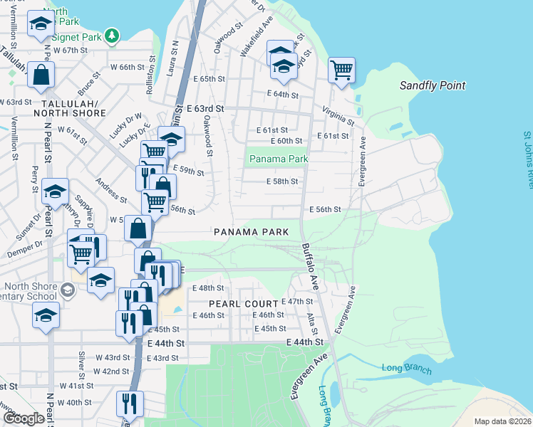 map of restaurants, bars, coffee shops, grocery stores, and more near 570 East 56th Street in Jacksonville