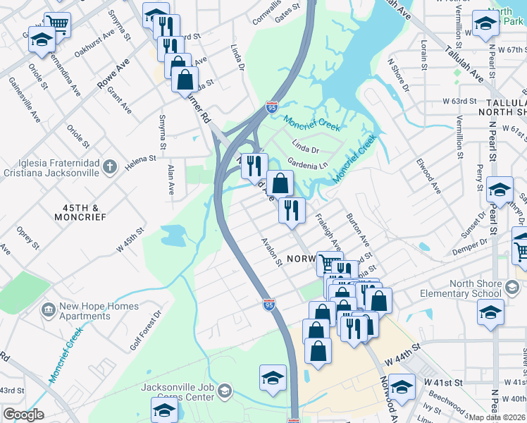 map of restaurants, bars, coffee shops, grocery stores, and more near 919 Dorchester Street in Jacksonville