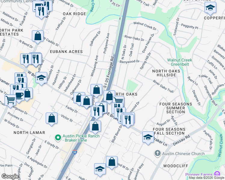 map of restaurants, bars, coffee shops, grocery stores, and more near 11500 North Oaks Drive in Austin