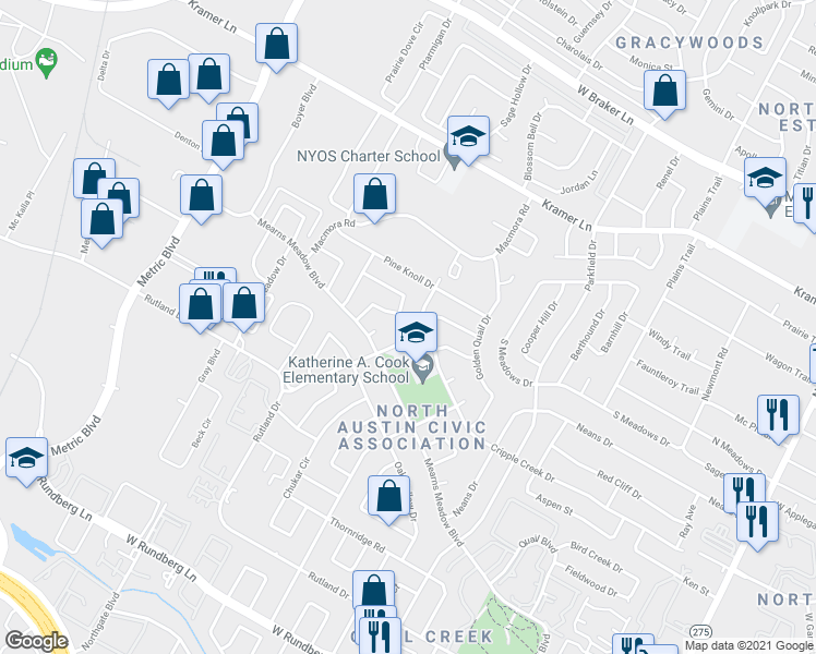 map of restaurants, bars, coffee shops, grocery stores, and more near 10305 Quail Ridge Drive in Austin