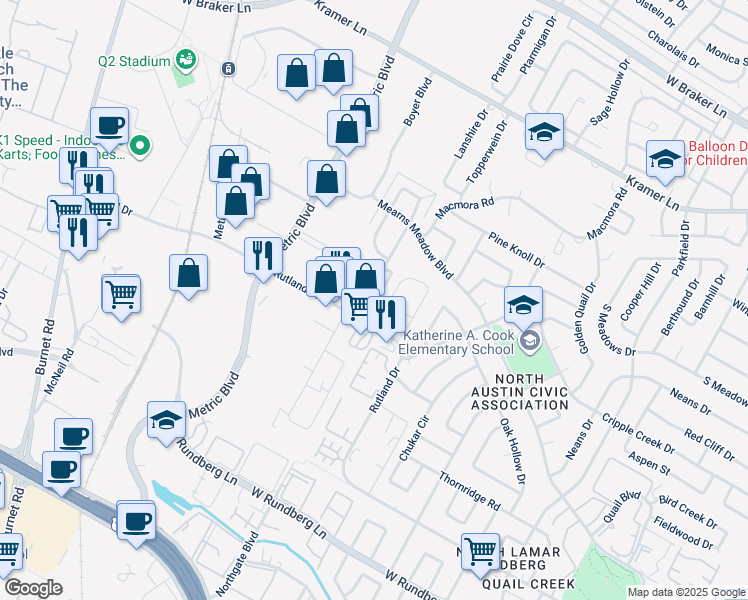 map of restaurants, bars, coffee shops, grocery stores, and more near 1812 Rutland Drive in Austin