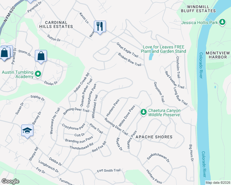 map of restaurants, bars, coffee shops, grocery stores, and more near 2640 Crazyhorse Pass in Austin