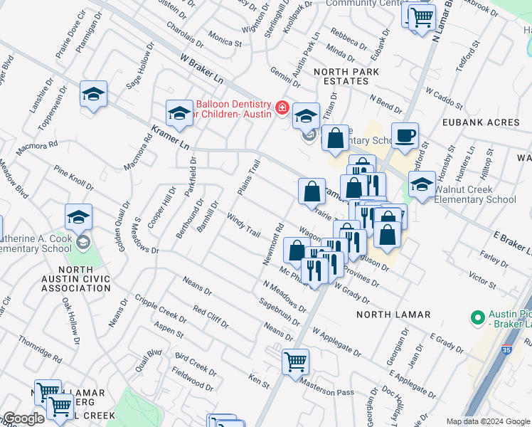 map of restaurants, bars, coffee shops, grocery stores, and more near 1005 Wagon Trail in Austin
