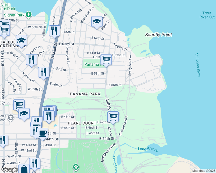 map of restaurants, bars, coffee shops, grocery stores, and more near 740 East 56th Street in Jacksonville
