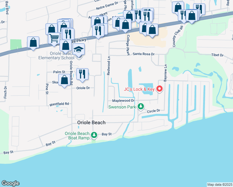 map of restaurants, bars, coffee shops, grocery stores, and more near 3264 Cypress Lane in Gulf Breeze