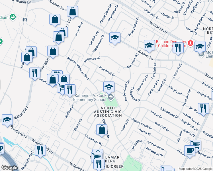 map of restaurants, bars, coffee shops, grocery stores, and more near 10303 Quail Ridge Drive in Austin