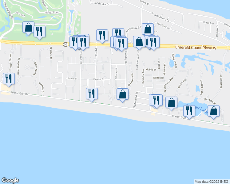 map of restaurants, bars, coffee shops, grocery stores, and more near 64 Cross Creek Road in Destin