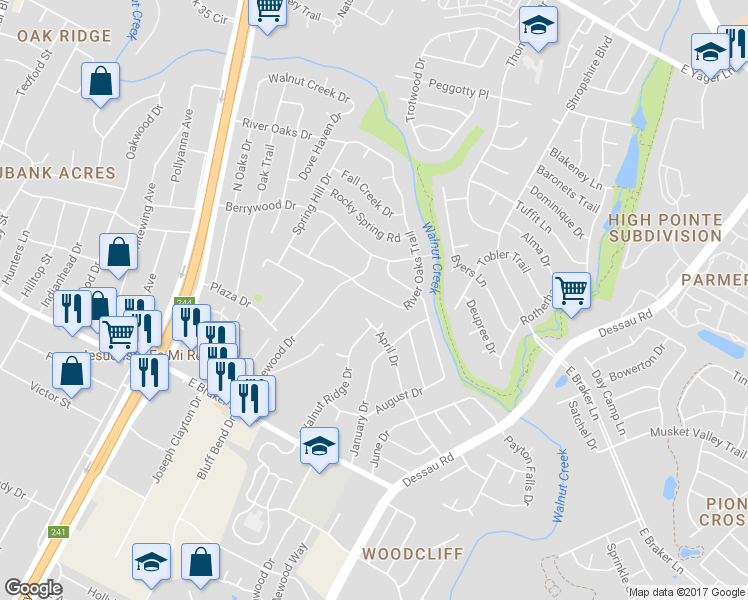 map of restaurants, bars, coffee shops, grocery stores, and more near 11629 River Oaks Trail in Austin
