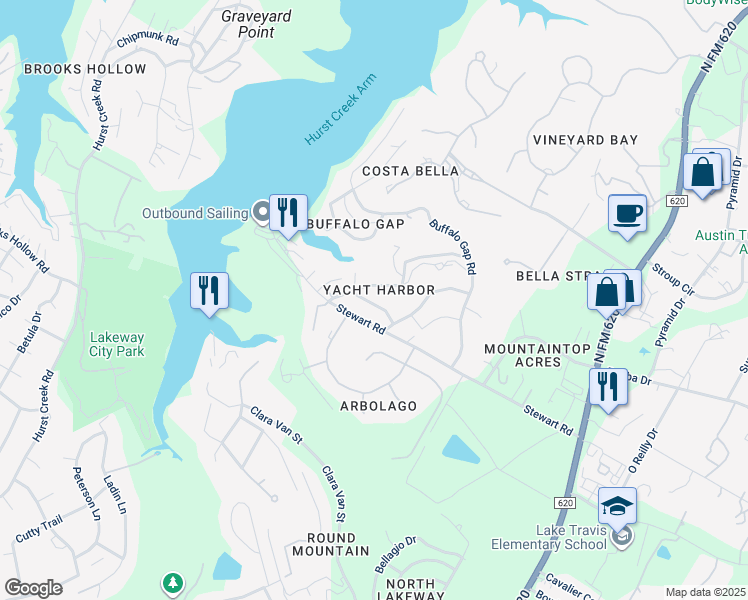 map of restaurants, bars, coffee shops, grocery stores, and more near 16204 Monks Mountain Drive in Austin