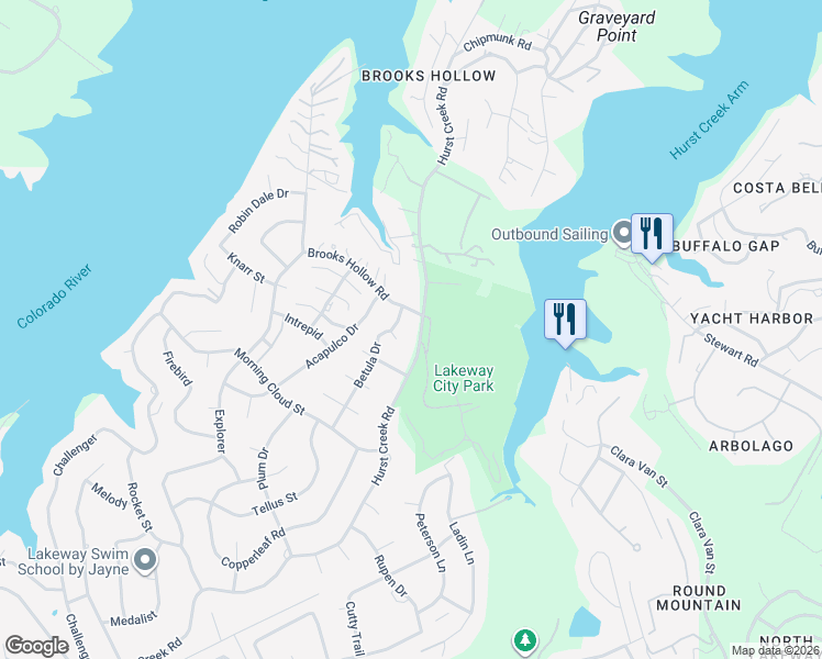 map of restaurants, bars, coffee shops, grocery stores, and more near 122 Betula Drive in Lakeway