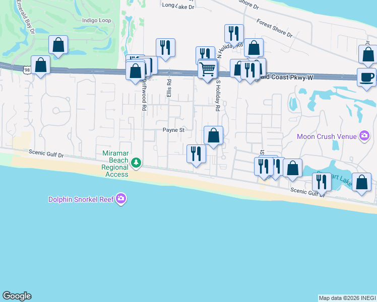 map of restaurants, bars, coffee shops, grocery stores, and more near 21 Le Soleil Drive in Miramar Beach