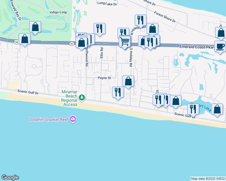 map of restaurants, bars, coffee shops, grocery stores, and more near 107 Surf Song Lane in Miramar Beach