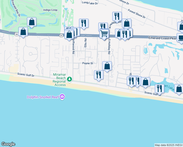 map of restaurants, bars, coffee shops, grocery stores, and more near 21 Le Soleil Drive in Miramar Beach