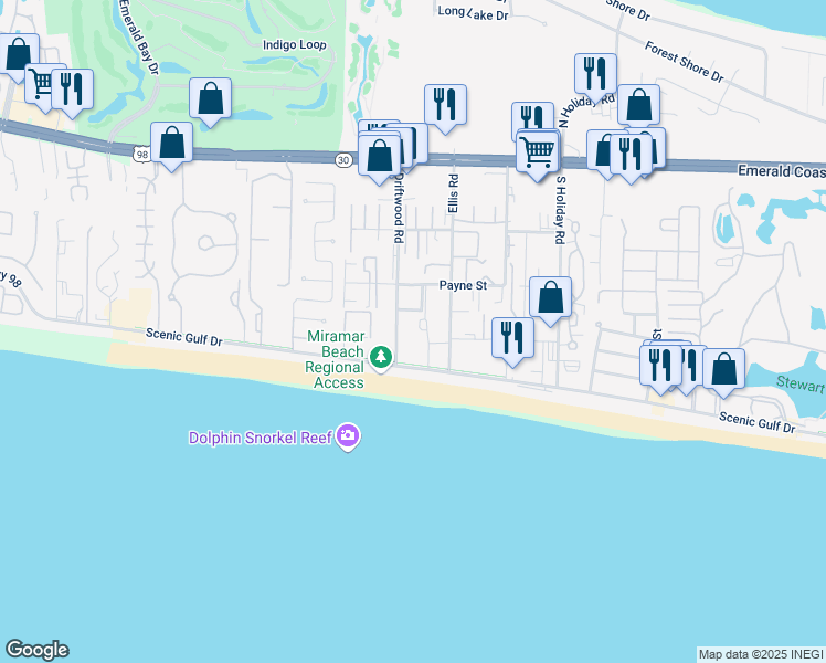map of restaurants, bars, coffee shops, grocery stores, and more near 17 Newman Drive in Miramar Beach