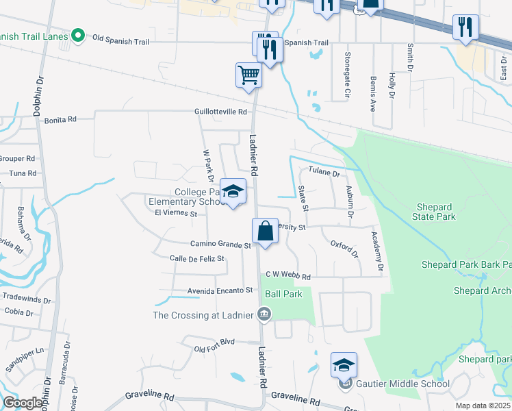 map of restaurants, bars, coffee shops, grocery stores, and more near 2617 Ladnier Road in Gautier