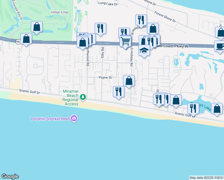 map of restaurants, bars, coffee shops, grocery stores, and more near 21 Le Soleil Drive in Miramar Beach