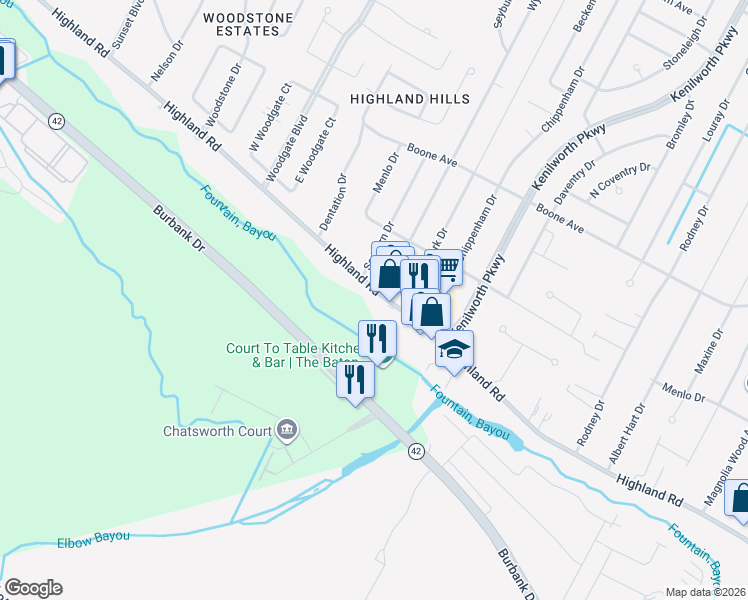 map of restaurants, bars, coffee shops, grocery stores, and more near 7210 Highland Road in Baton Rouge