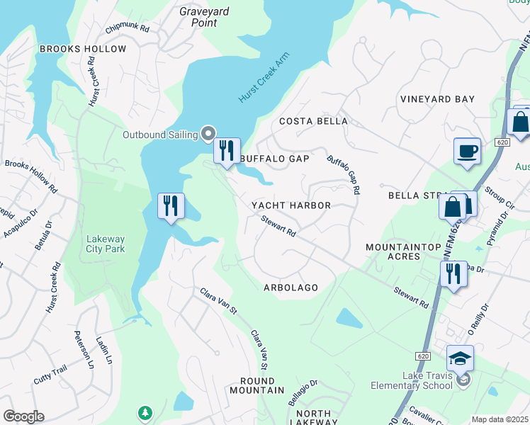 map of restaurants, bars, coffee shops, grocery stores, and more near 16227 Spring Branch Trail in Austin