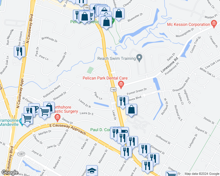 map of restaurants, bars, coffee shops, grocery stores, and more near 29 Savoie Drive in Mandeville