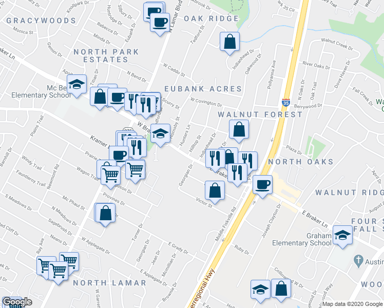map of restaurants, bars, coffee shops, grocery stores, and more near 11301 Hilltop Street in Austin
