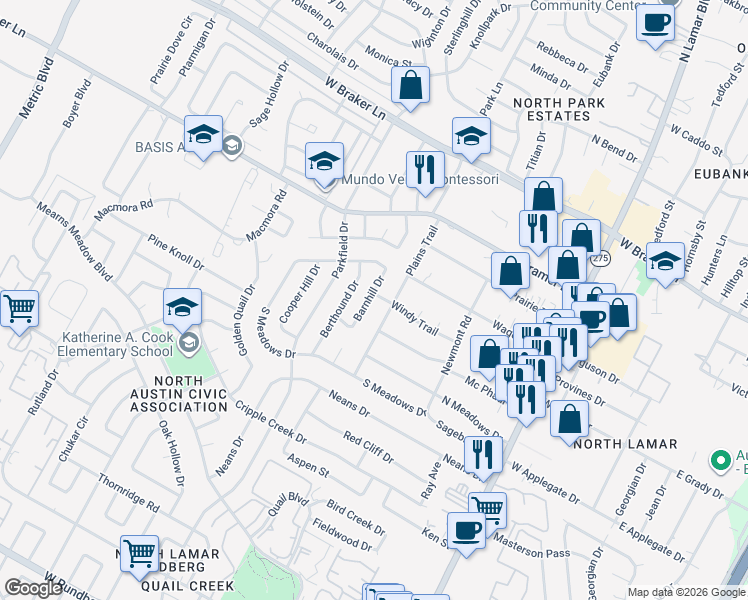 map of restaurants, bars, coffee shops, grocery stores, and more near 10705 Barnhill Drive in Austin