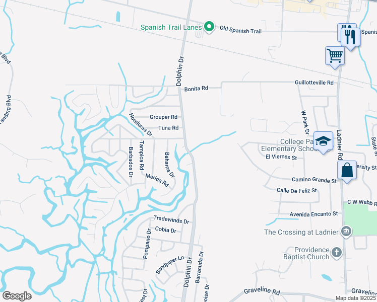 map of restaurants, bars, coffee shops, grocery stores, and more near 2599 Dolphin Drive in Gautier