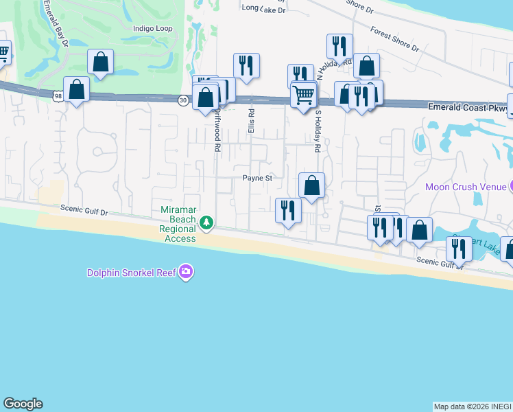 map of restaurants, bars, coffee shops, grocery stores, and more near 101 Ellis Road in Destin
