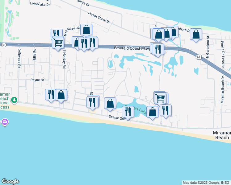 map of restaurants, bars, coffee shops, grocery stores, and more near 616 Seascape Drive in Miramar Beach