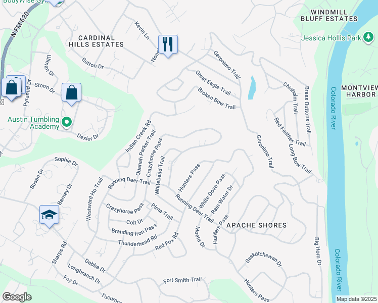 map of restaurants, bars, coffee shops, grocery stores, and more near 2656 Crazyhorse Pass in Austin