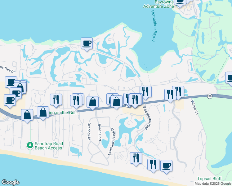 map of restaurants, bars, coffee shops, grocery stores, and more near 557 Augusta Drive in Destin