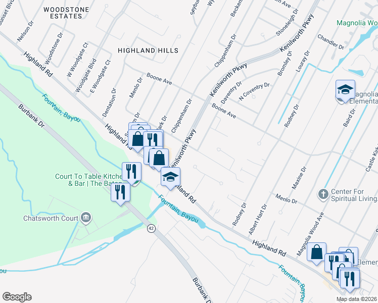 map of restaurants, bars, coffee shops, grocery stores, and more near 7474 Menlo Drive in Baton Rouge