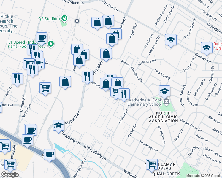 map of restaurants, bars, coffee shops, grocery stores, and more near 1934 Rutland Drive in Austin