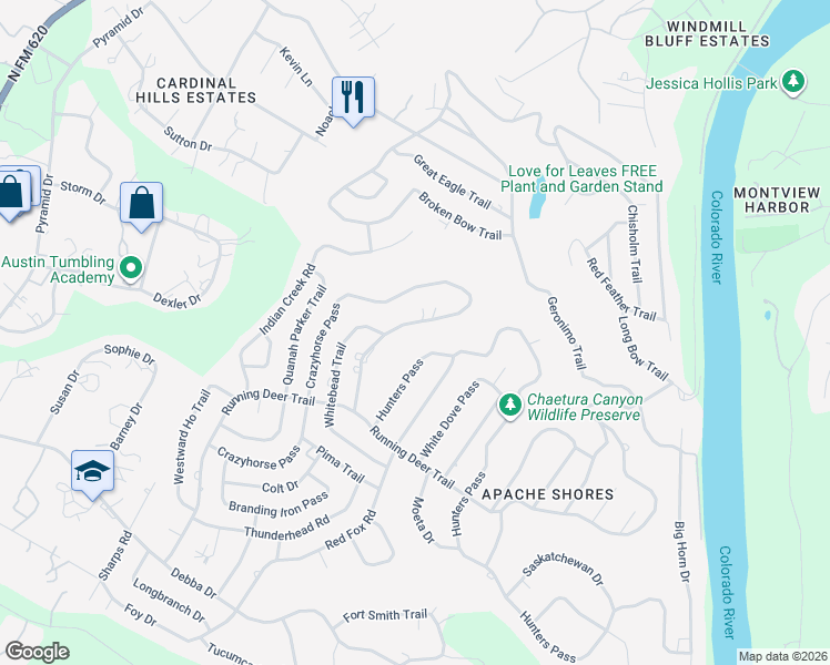 map of restaurants, bars, coffee shops, grocery stores, and more near 2640 Crazyhorse Pass in Austin