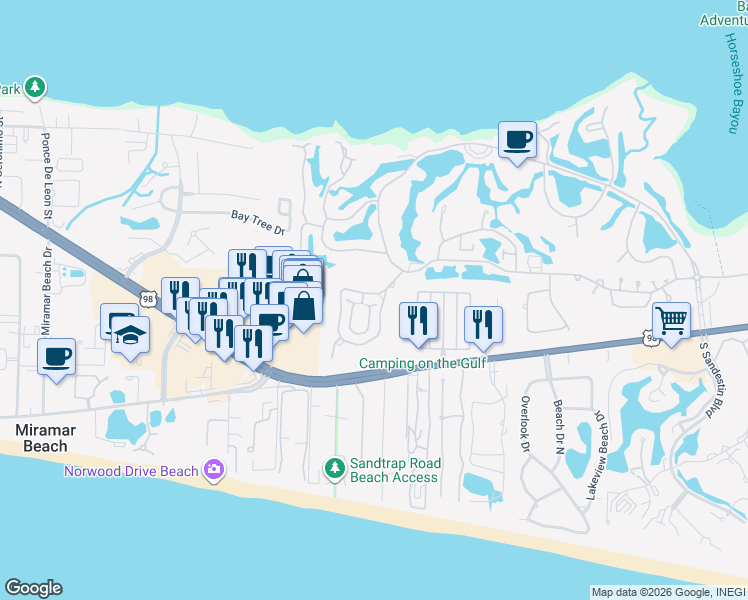 map of restaurants, bars, coffee shops, grocery stores, and more near 355 L'Atrium Drive in Destin