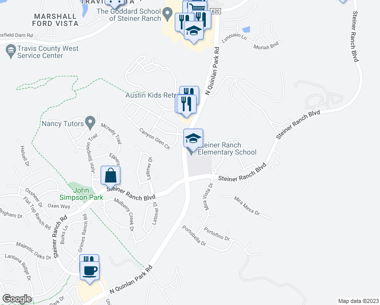 map of restaurants, bars, coffee shops, grocery stores, and more near 4303 North Quinlan Park Road in Austin