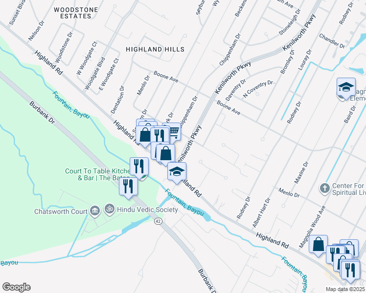 map of restaurants, bars, coffee shops, grocery stores, and more near 221 Kenilworth Parkway in Baton Rouge