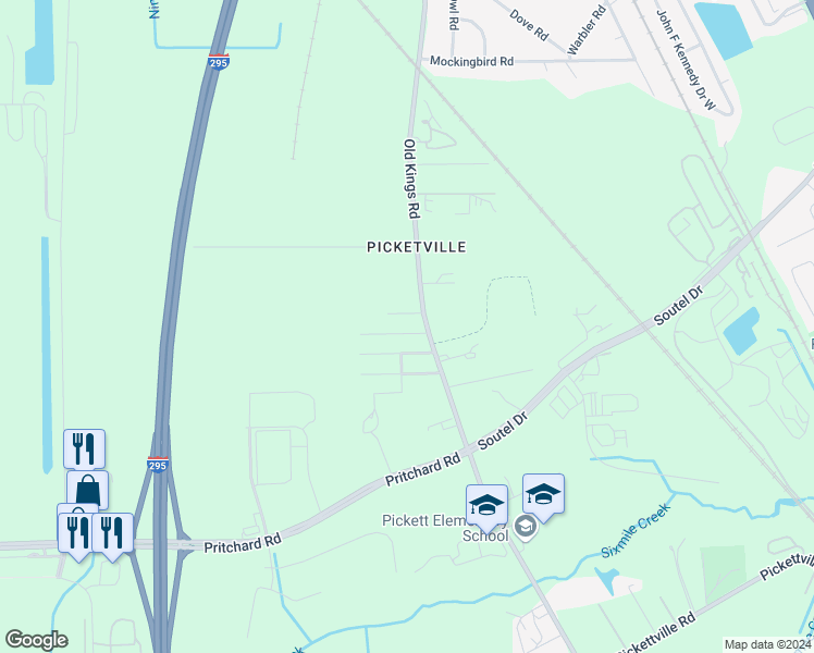 map of restaurants, bars, coffee shops, grocery stores, and more near 6533 Trixy Street in Jacksonville