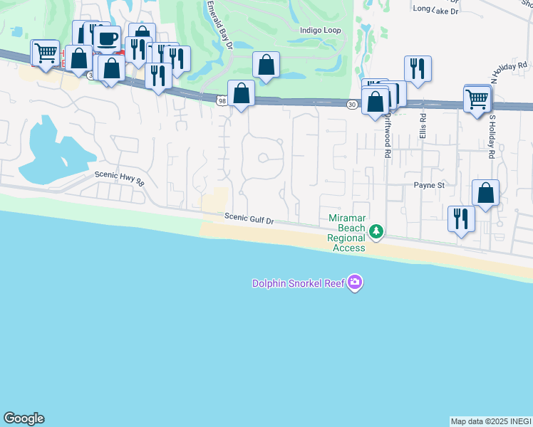 map of restaurants, bars, coffee shops, grocery stores, and more near 2800 Scenic Gulf Drive in Miramar Beach